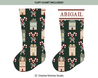 Meia de Natal com Casas e Bengalas de Doces | Gráfico Digital de Ponto Cruz e Bordado