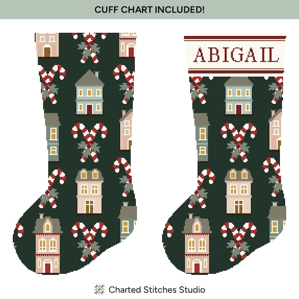 Houses & Candy Canes Christmas Stocking | Needlepoint and Cross Stitch Digital Chart Pattern