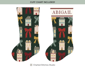 Meia de Natal Houses & Bows | Padrão de gráfico digital de ponto cruz e agulha