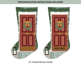 Meia de Natal festiva para porta da frente | Padrão de gráfico digital de ponto cruz e agulha