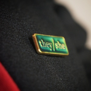 The they/she badge on a lapel. The background looks green