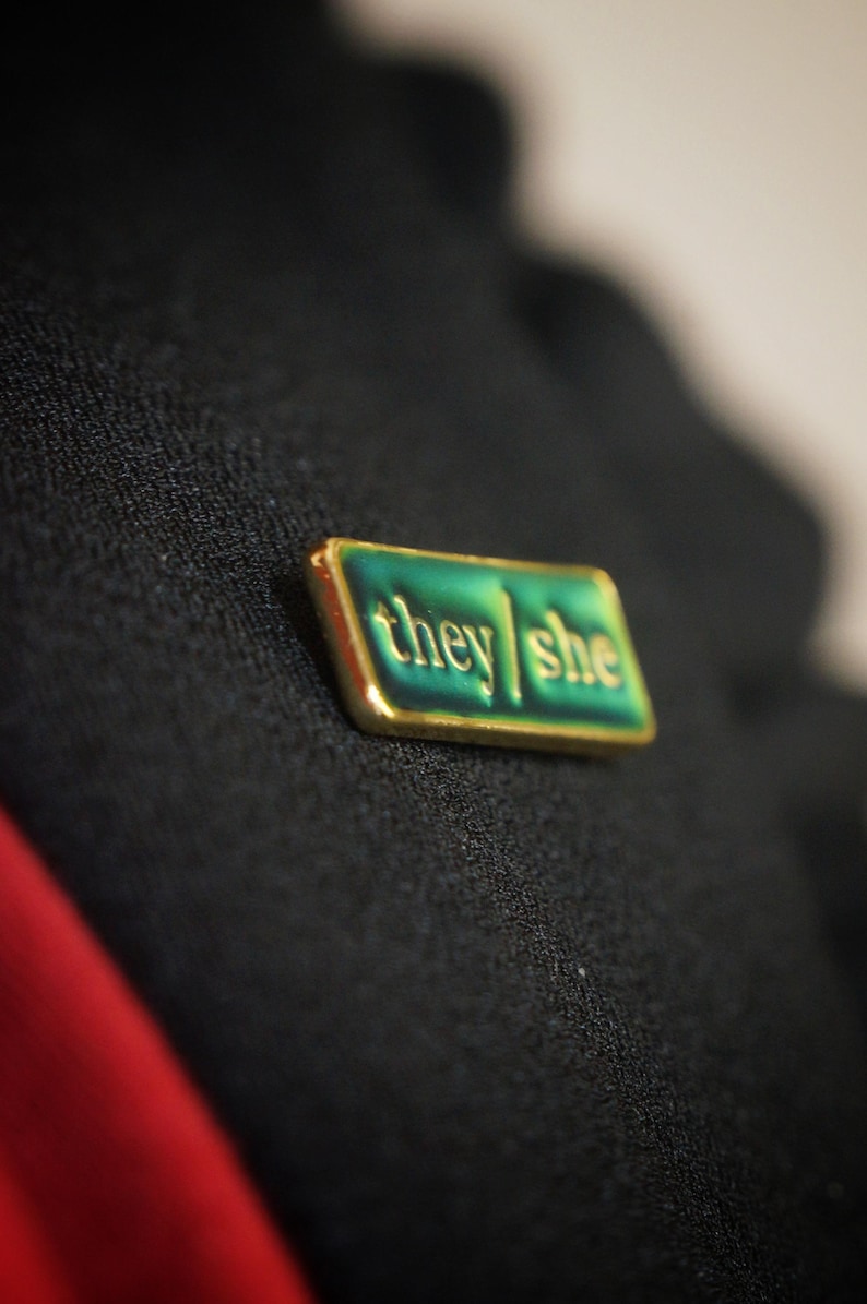 The they/she badge on a lapel. The background looks green