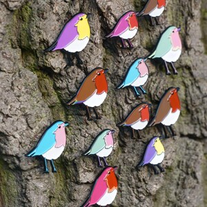May include: A selection of bird-shaped enamel pins in various colours, including purple, pink, blue, brown, and green, attached to a tree trunk. The pins have white bellies and black legs. The birds have a cartoon design.