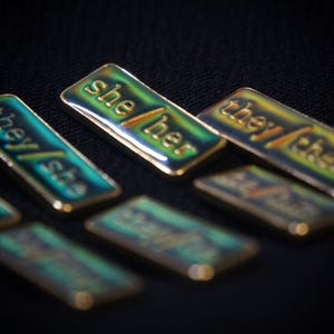 Focus on the she/her pin as an example. A clear resin dome covers the colour and words.