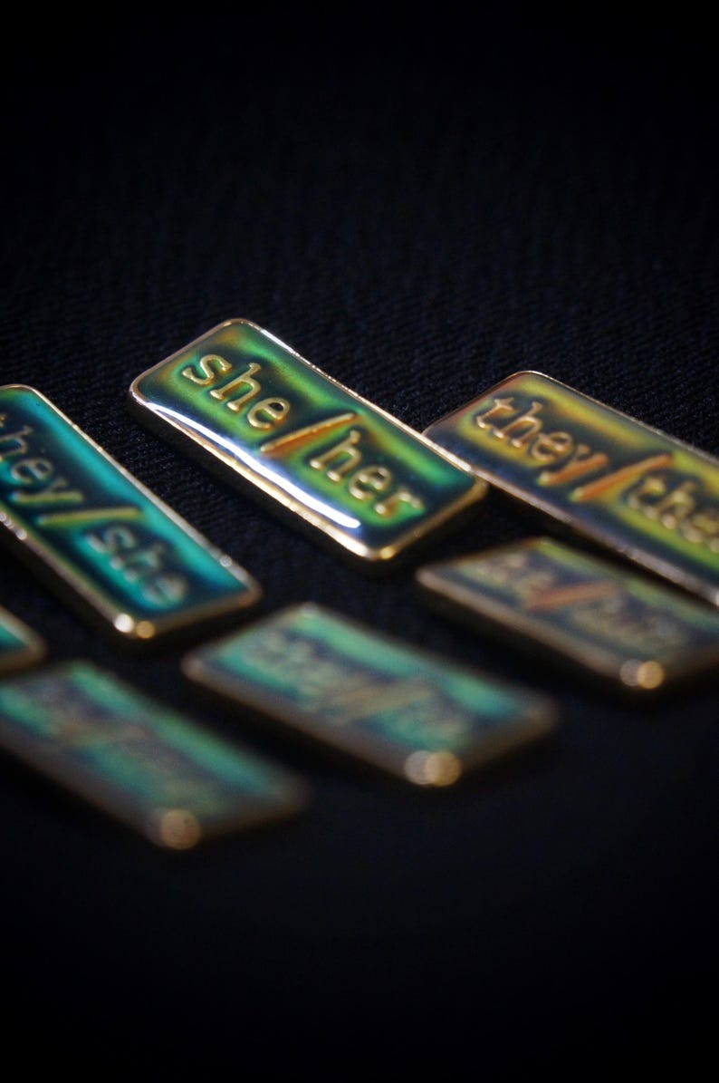 Focus on the she/her pin as an example. A clear resin dome covers the colour and words.