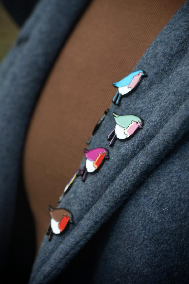 May include: Several bird-shaped enamel pins in shades of blue, green, purple, and brown are pinned to a grey fabric. Each pin has a white outline, creating a charming, decorative effect.