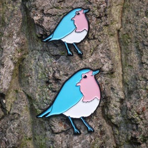 May include: Two robin bird pins. Each pin features a light blue body, pink breast, white belly, and black legs. The pins are set against a textured, brown tree trunk.