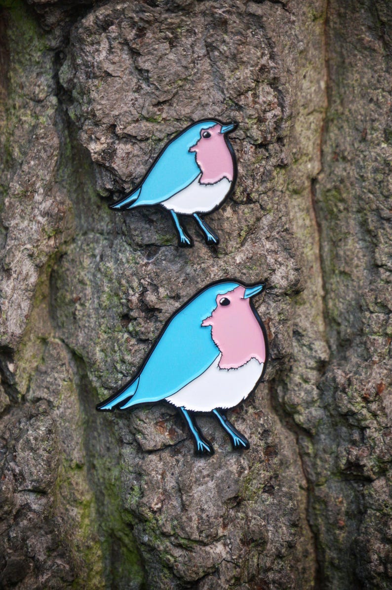May include: Two robin bird pins. Each pin features a light blue body, pink breast, white belly, and black legs. The pins are set against a textured, brown tree trunk.