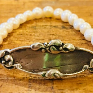 Baby Bracelet, Art Nouveau freshwater pearls, sterling, mistletoe design, monogram, baby jewelry, baptism gift, Christening gift,