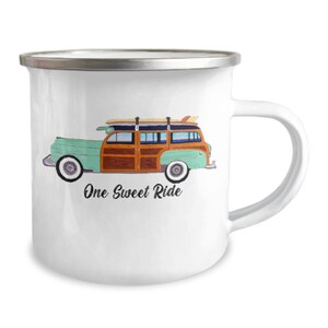 Woody wagon coffee mug, surf wagon mug, woody wagon illustration, beach car, surf wagon mug,
