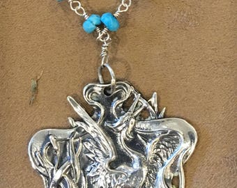 Art Nouveau antique reproduction necklace-Heron in Cat Tails-wire wrapped turquoise chain, pendant, sterling, statement piece