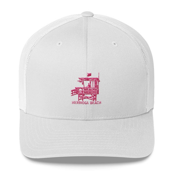 White Trucker Hat-Lo Angeles Lifeguard Tower-Hermosa Beach in Pink Thread