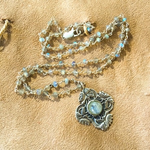 Beautiful Art Nouveau Antique Reproduction Lotus Flower Pendant Necklace-Labradorite-Cabachon-Sterling and labradorite wire wrap chain
