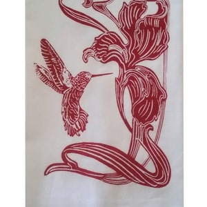 Art Nouveau Design Two Lily Flower/Hummingbird Flour Sack Dish Towels-Barn Red image 2