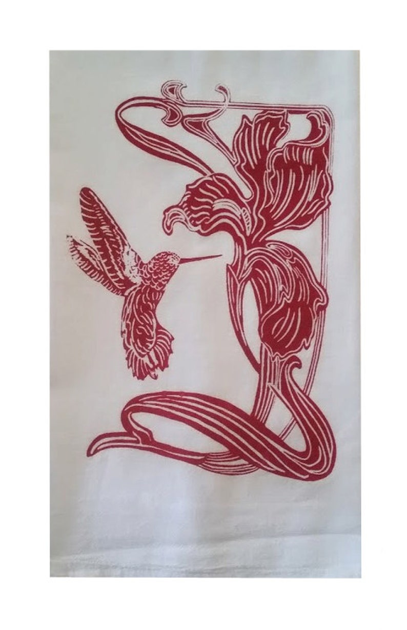 Art Nouveau Design Two Lily Flower/Hummingbird Flour Sack Dish Towels-Barn Red image 2