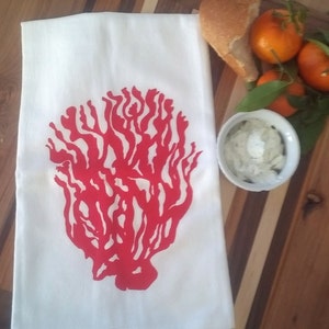 Two Coral Flour Sack Dish Towels in Coral Color, gift for friend, beach house gift, housewarming gift, hostess gift, coastal kitchen decor,