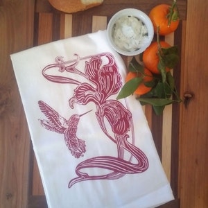 Art Nouveau Design Two Lily Flower/Hummingbird Flour Sack Dish Towels-Barn Red image 1