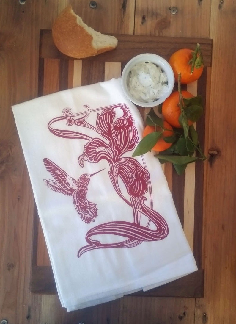 Art Nouveau Design Two Lily Flower/Hummingbird Flour Sack Dish Towels-Barn Red image 1