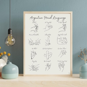 Puede incluir: Un póster imprimible en blanco y negro con ilustraciones de gestos de manos y sus significados correspondientes en lenguaje de señas argentino. El póster incluye frases como "¿Qué?", "Un poco", "Tener miedo", "Dolor en los huevos", "Champsbata", "Legítimo, la verdad", "¿No entonces?", "¡Sal de aquí!", "¡Ve allá!", "Paga", "Ten cuidado", y "Ir muy rápido".
