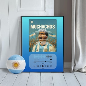 May include: A framed poster with the word "MUCHACHOS" in large letters, with lyrics and a photo of a soccer player. A soccer ball with the Argentinian flag is in front of the poster. The poster has a blue gradient background.