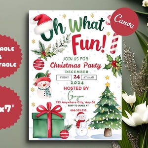 Christmas Party Invitation Kids Holiday Santa Hat Oh What Fun Invite Christmas Birthday, Template Canva