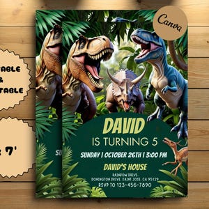 Dinosaurier-Party-Einladung, Dinosaurier-Welt einladen, Dinosaurier-Geburtstags-Party einladen, T-Rex-Party einladen, Jurassic 1.3.5. Geburtstag, bearbeitbare Canva