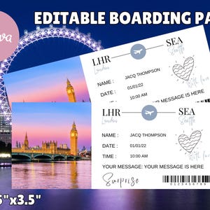 Printable Boarding Pass Airline Ticket Gift Surprise Trip Reveal Surprise Vacation Instant Download | Editable Ticket Gift For Him For Her
