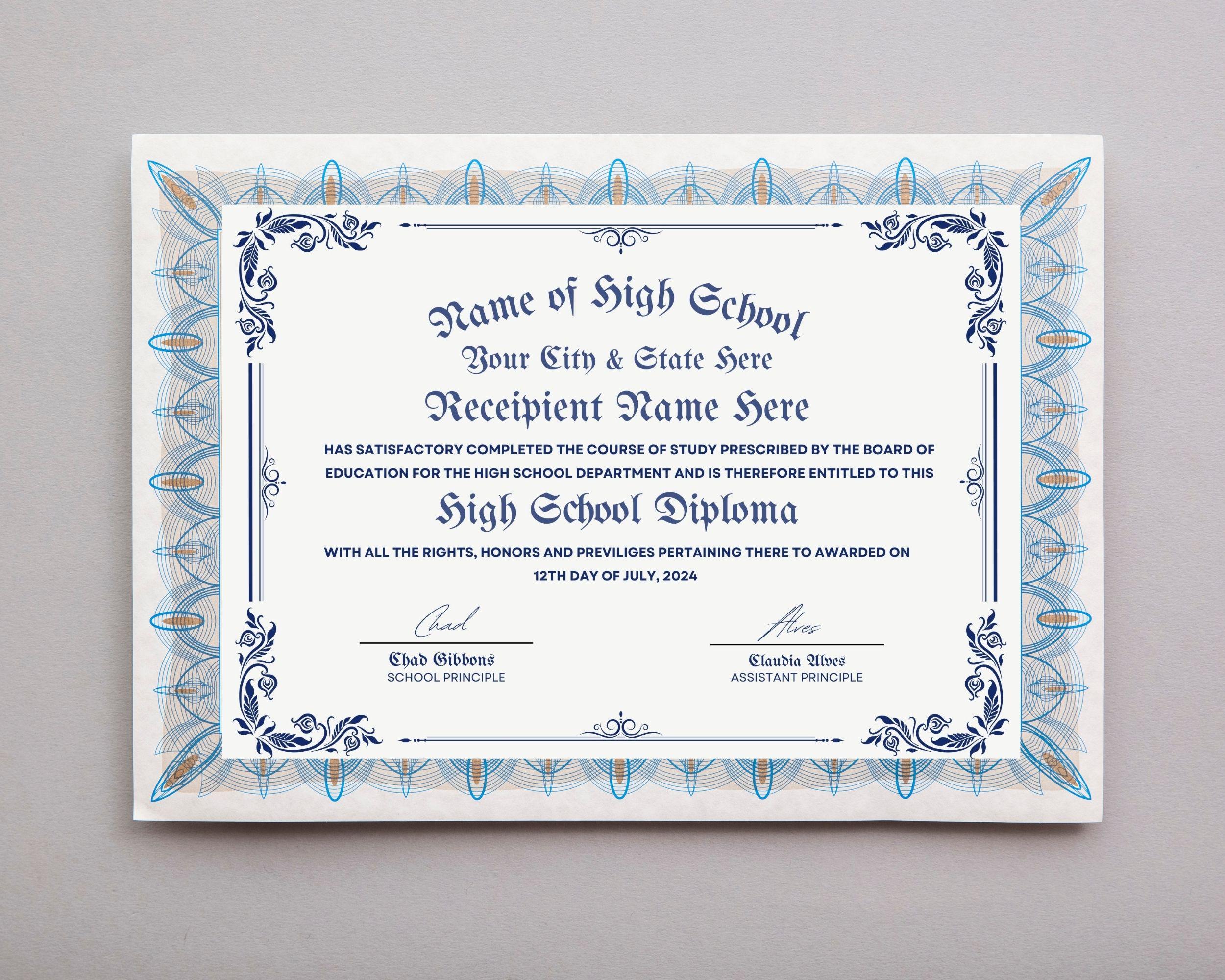 Printable High School Diploma Template Editable Certificate (digital