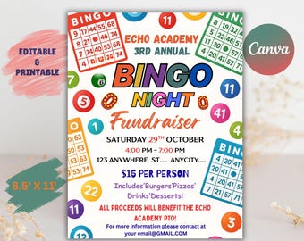 Bingo Night Flyer Template: Family Game Fundraiser (Canva Editable, Digital Download)