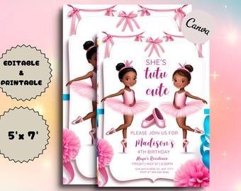 Ballerina Birthday Invitation, Tutu, Editable Canva Template
