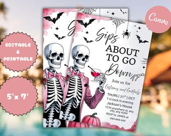Halloween Party Invitation: Sips About to Go Down, Cocktails & Costumes (Canva Template, 5x7" PDF