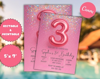 Pink Glitter 3rd Birthday Invitation: Rainbow Foil, Editable Template (Digital Download)
