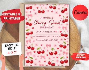 Invitación de cumpleaños de cerezas: Diseño de lazo dulce, plantilla imprimible de Canva (descarga digital)