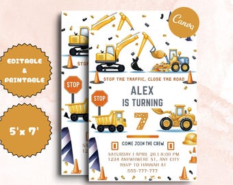 Construction Birthday Invitation: Dump Trucks, Excavator (5x7) (Editable Canva Template)