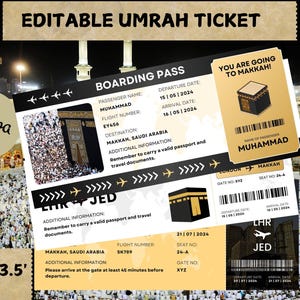 Carte d'embarquement pour le Hajj, carte d'embarquement pour la Omra Moubarak modifiable, billet d'avion pour le Hajj, cadeau de la Omra à La Mecque, billet de voyage islamique, cadeau de voyage à la Omra
