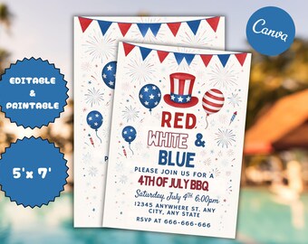 4th of July BBQ Invitation Template: Editable Independence Day E-Invite (5x7, Digital Download)