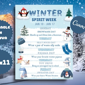 Editable Winter School Spirit Week Itinerary Schedule, Daily Weekly Calendar, Elementary Kids Holiday Planner CANVA Template Modern Cute