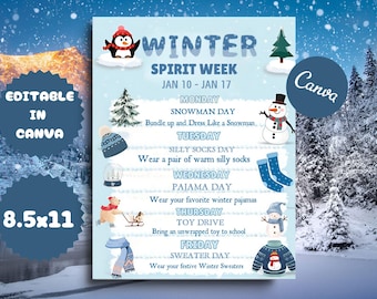 Editable Winter School Spirit Week Itinerary Schedule, Daily Weekly Calendar, Elementary Kids Holiday Planner CANVA Template Modern Cute