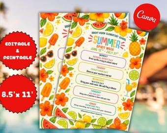Summer Spirit Week Flyer Template, Editable, Printable, Summer Themed Spirit Week, Camp, PTO Flyer, Daycare School Spirit Week Planner