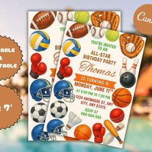 Editable Sports Birthday Party Invitation Baseball Basketball Football Printable Sports Theme Template All Star Sports Party Digital Invite