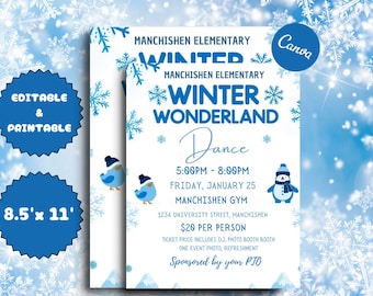 Editable Winter Wonderland Dance Flyer: School Event Canva Template