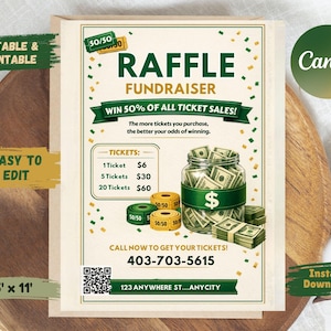 Puede incluir: Un folleto imprimible para una rifa benéfica en verde y beige. El folleto presenta el texto "Raffle Fundraiser" y "Win 50% of all ticket sales!" con los precios de los boletos. También se muestra un tarro lleno de dinero.