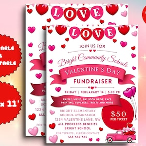 Bewerkbare Valentijnsdag fundraiser flyer, school liefdadigheidskerk fondsenwerving uitnodiging sjabloon, rozen bakken verkoop klas feest afdrukbare download