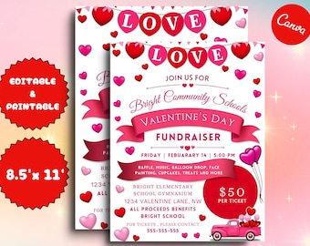 Editable Valentine&#39;s Day Fundraiser Flyer, School Charity Church Fundraising Invite Template, Roses Bake Sale Class Party Printable Download