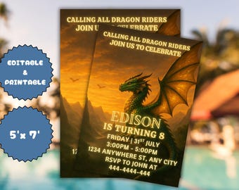 Blue and Gold Dragon Birthday Invitation: Editable Canva Template (5x7) (Digital Download)