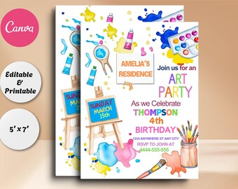 May include: A colorful invitation for an art party celebrating Thompson's 4th birthday. The invitation features paint splatters, paintbrushes, paint tubes, and an easel with a sign that says "Sunday March 15th". The text on the invitation reads "Join us for an Art Party as we celebrate Thompson's 4th Birthday. Amelia's Residence. 1234 Anywhere St Any City. RSVP to John at 4444-555-555."