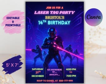 Editable Neon Laser Tag Birthday Invitation, Canva (5x7 Inches)