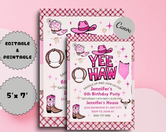 Invito di compleanno modificabile per cowgirl spaziale: rodeo retrò (Canva 5x7, download immediato)