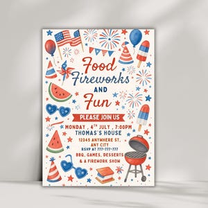 May include: A watercolor-style invitation for a 4th of July celebration. The design features red, white, and blue elements like flags, fireworks, watermelon slices, and a barbecue grill. The text reads "Food, Fireworks, and Fun" with event details.