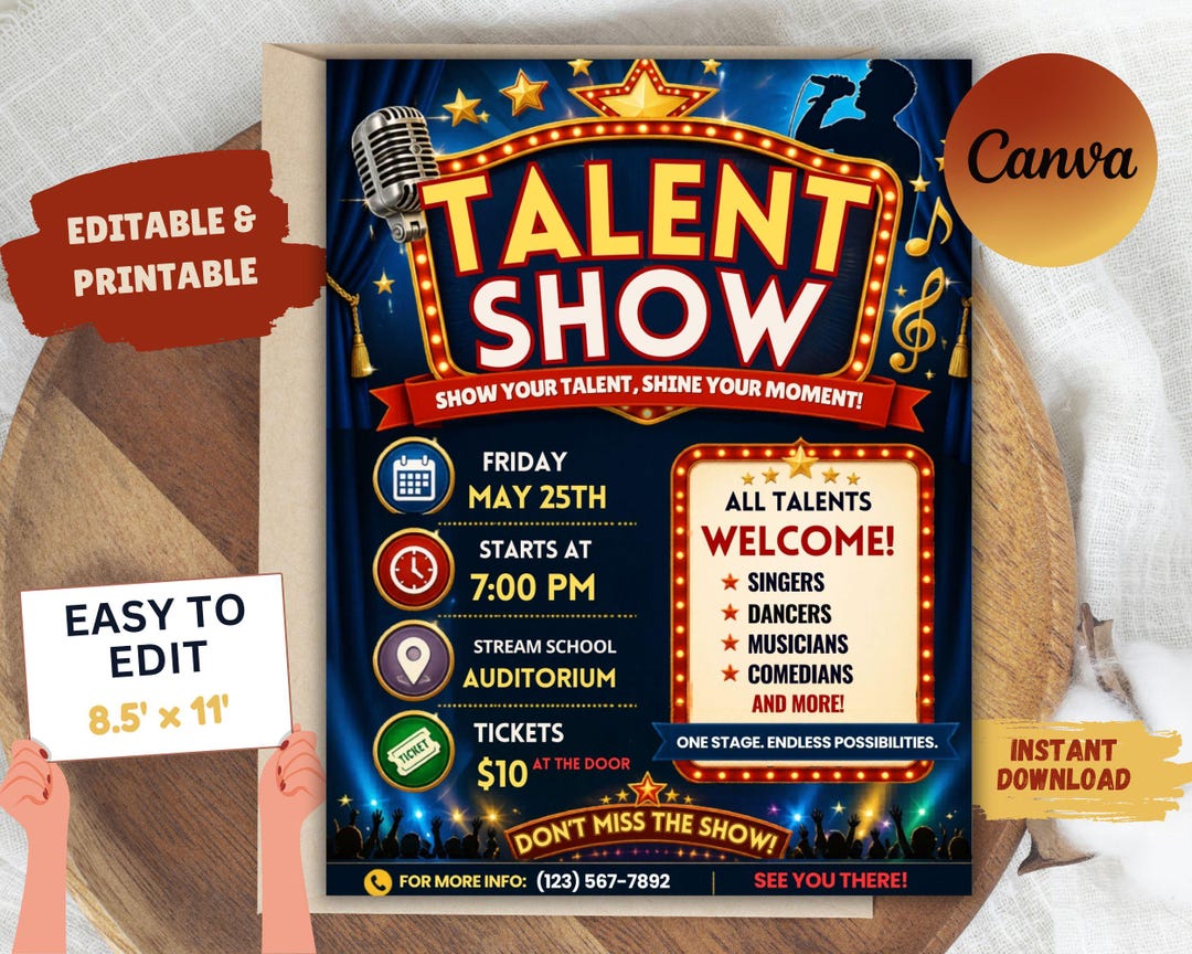 Editable Talent Show Flyer: School Fundraiser, Magic Cards Party (CANVA ...